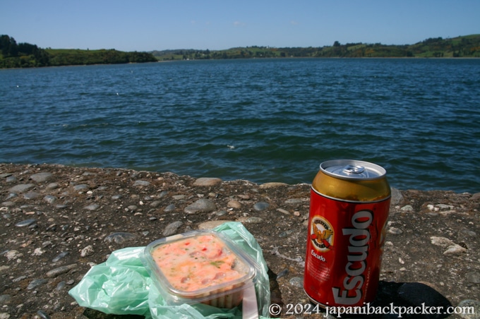 チリ料理サーモンのセビッチェとビール